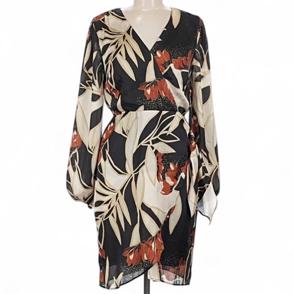 NWT Sam Edelman | Black and Tan Satin Wrap Wedding Guest Dress Floral Size 14